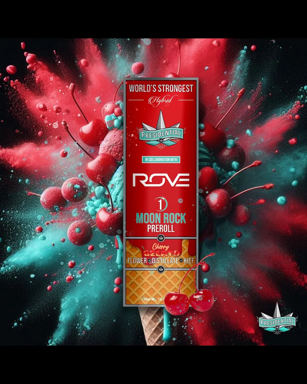Presidential Cherry Gelato infused pre-roll package in red