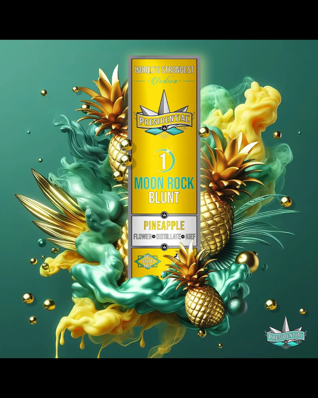 Presidential Pineapple Silver blunt package with bright yellow branding